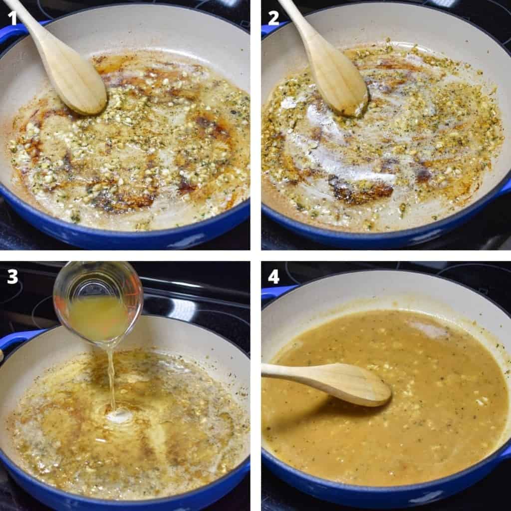 A collage of four images illustrating the process of making the sauce up to the incorporation of the chicken broth.