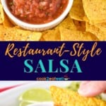 Two images of the salsa served in a white bowl with chips around it. The bottom image shows a chips scooping up some salsa.