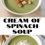 Two images of the soup served in a white bowl and garnished with parmesan cheese and croutons. Between the pictures is a white graphic with the title in black letters.