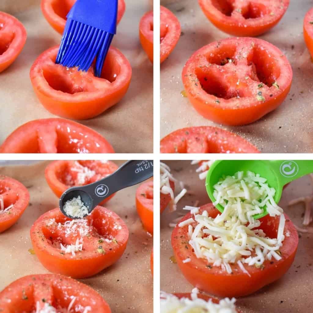 Four pictures showing the process of preparing the tomatoes for baking, including brushing with olive oil and adding the spices and cheese.