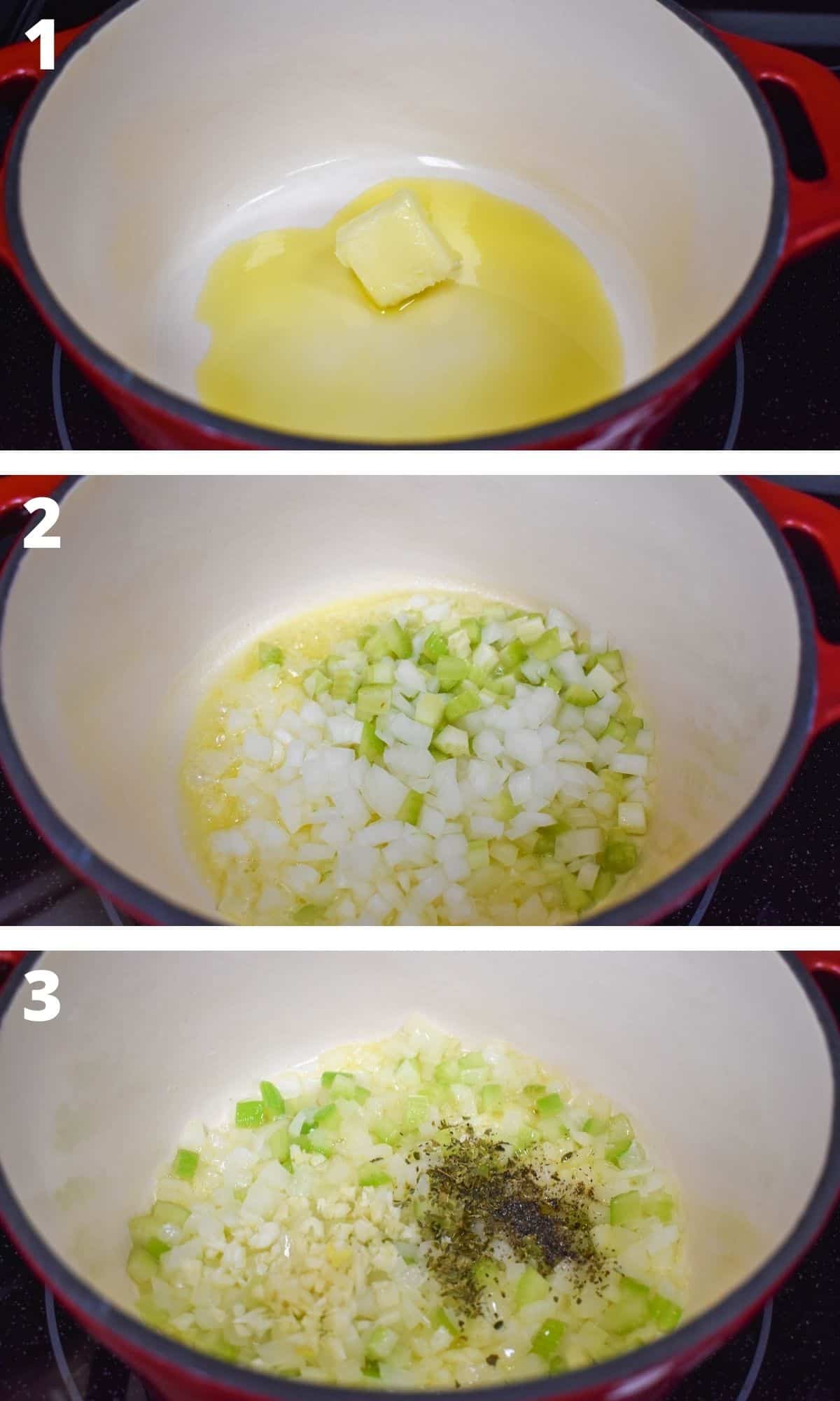 Three images showing the beginning steps of making the soup, from melting the butter through adding the garlic and spices.