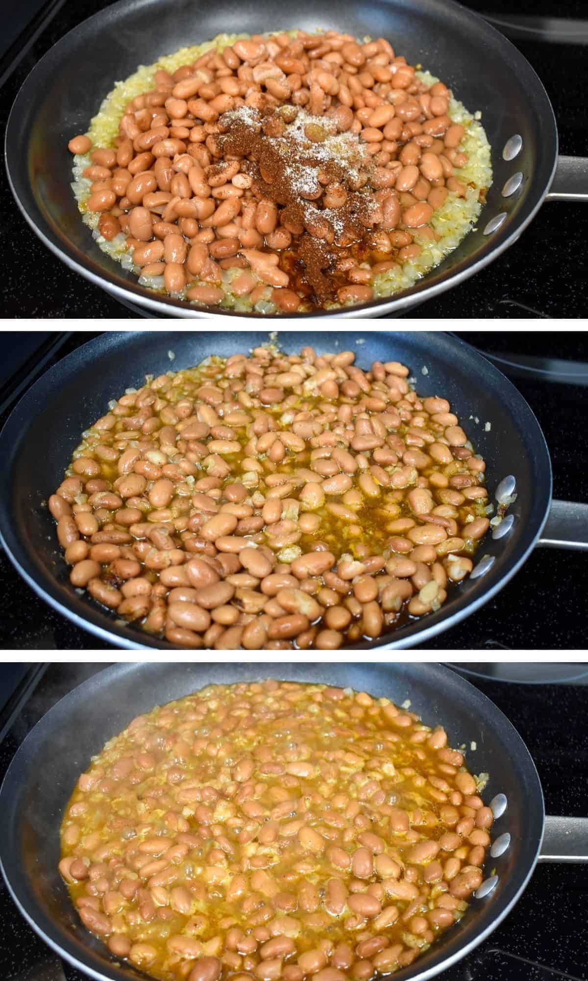 Three images of the steps making refried beans, before mashing.