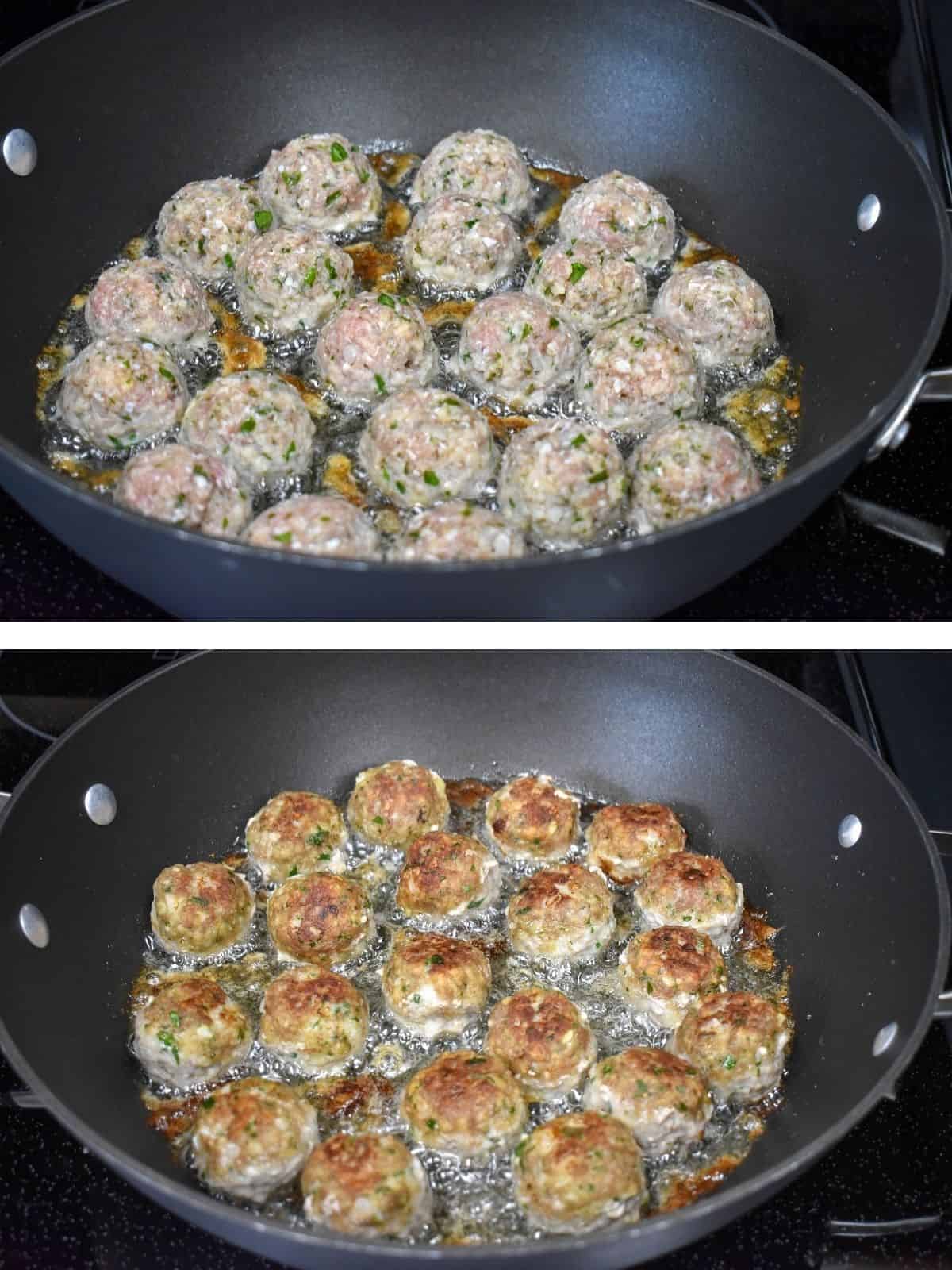 Two images of meatballs frying in a large, black skillet. The first picture is the meatballs before browning and the second is them after turning.