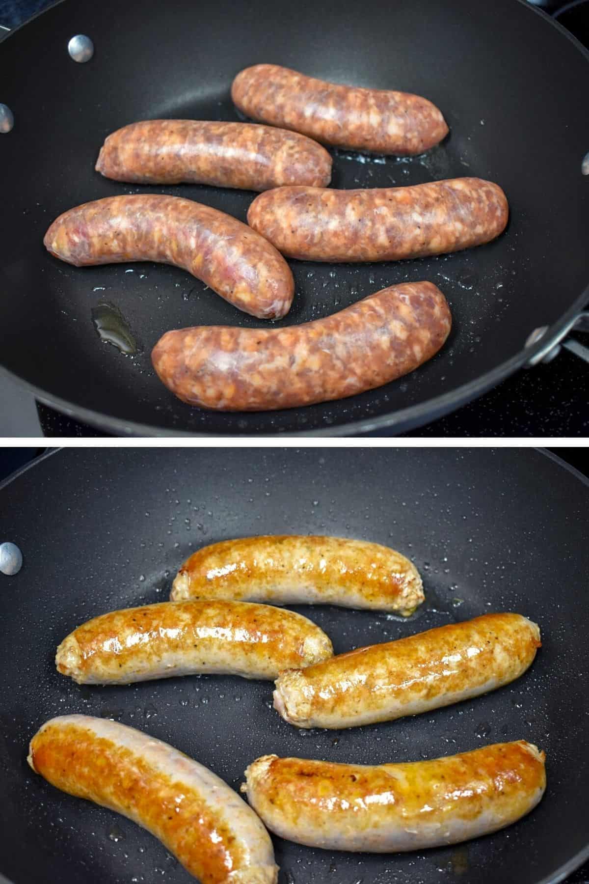 Two images of Italian sausage cooking in a large, black skillet. The top image they are just put in and the bottom image they are browned.
