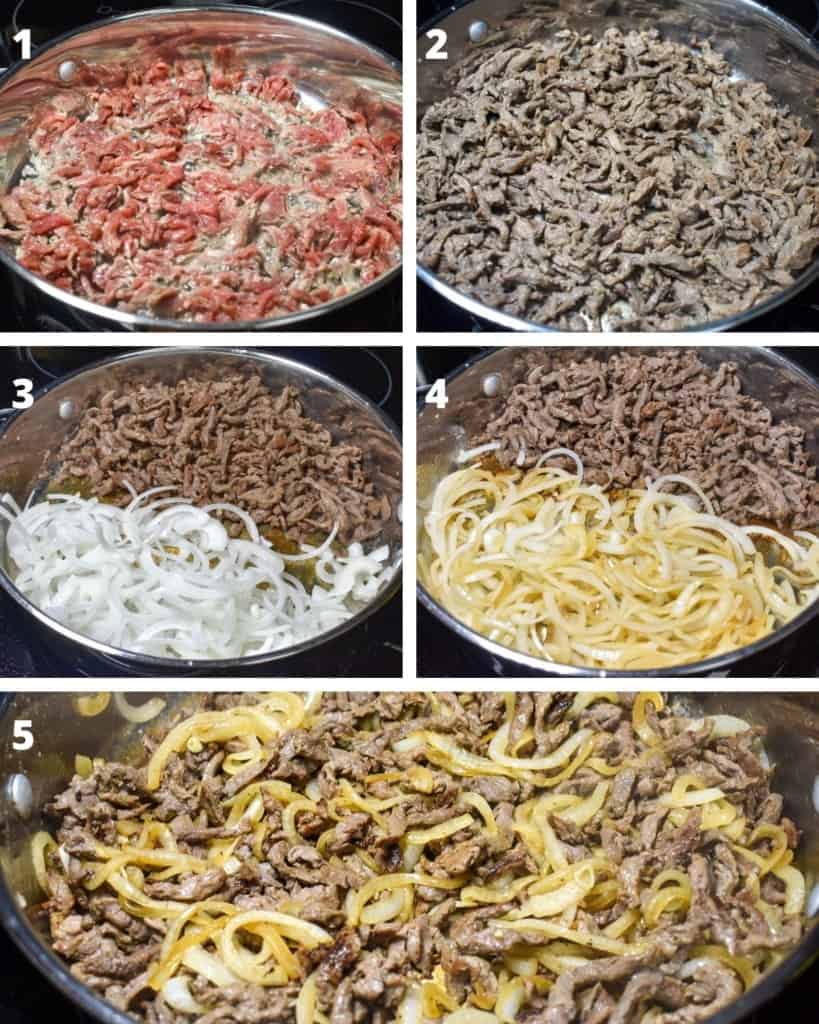 A collage of five images showing the steps of cooking the steak strips with the onions.