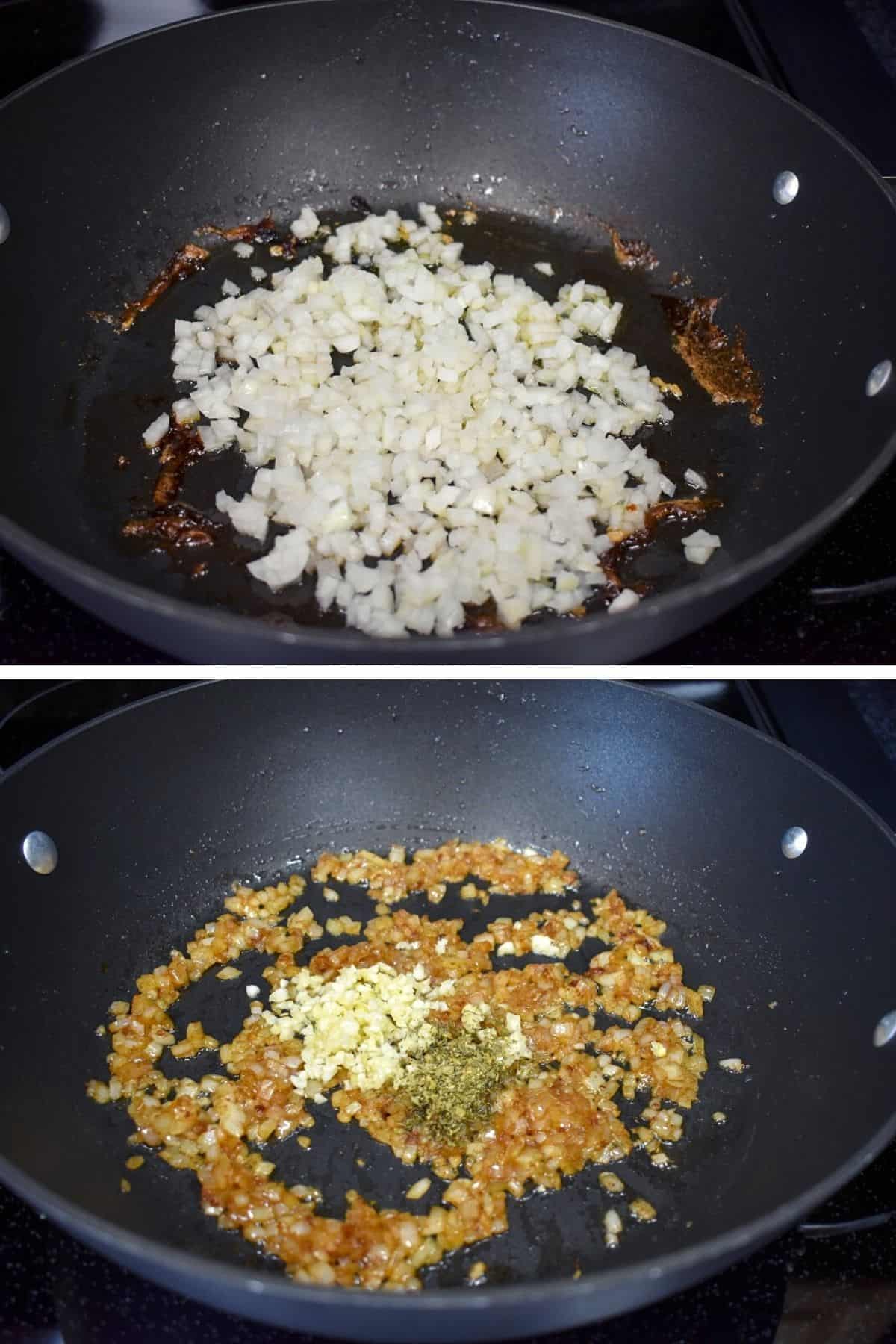 Two images, the top one is onions cooking in a large, black skillet. The bottom one is the onions are golden and garlic and oregano added to the same skillet.