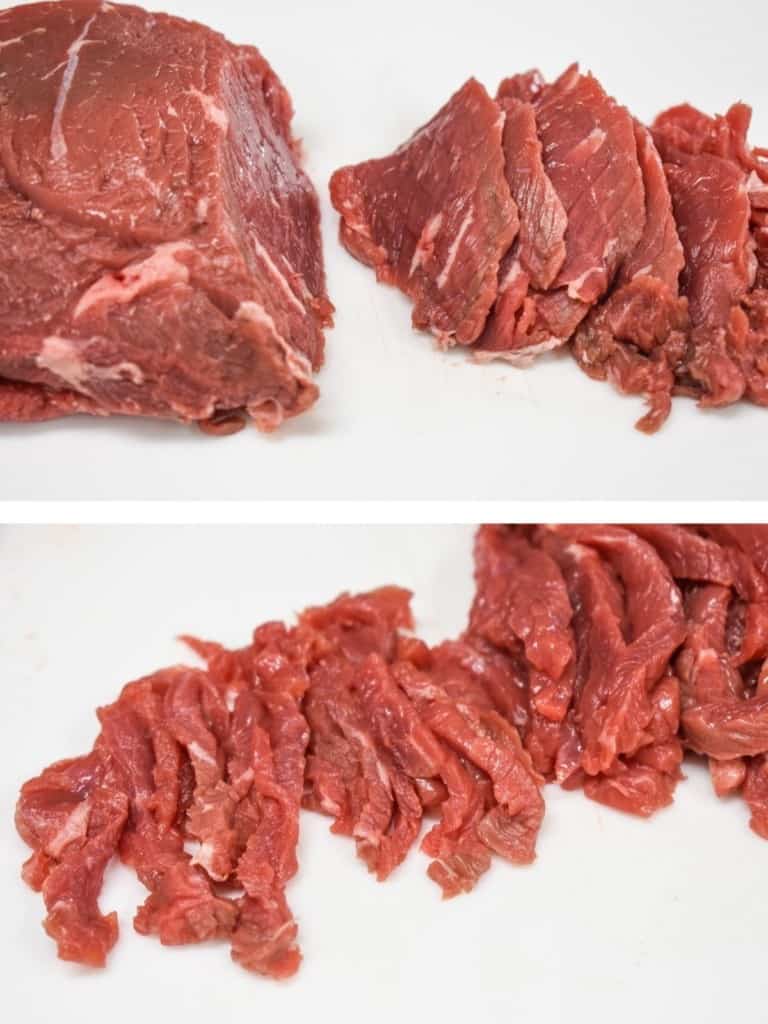 Two images showing how to cut a sirloin steak into thin strips.
