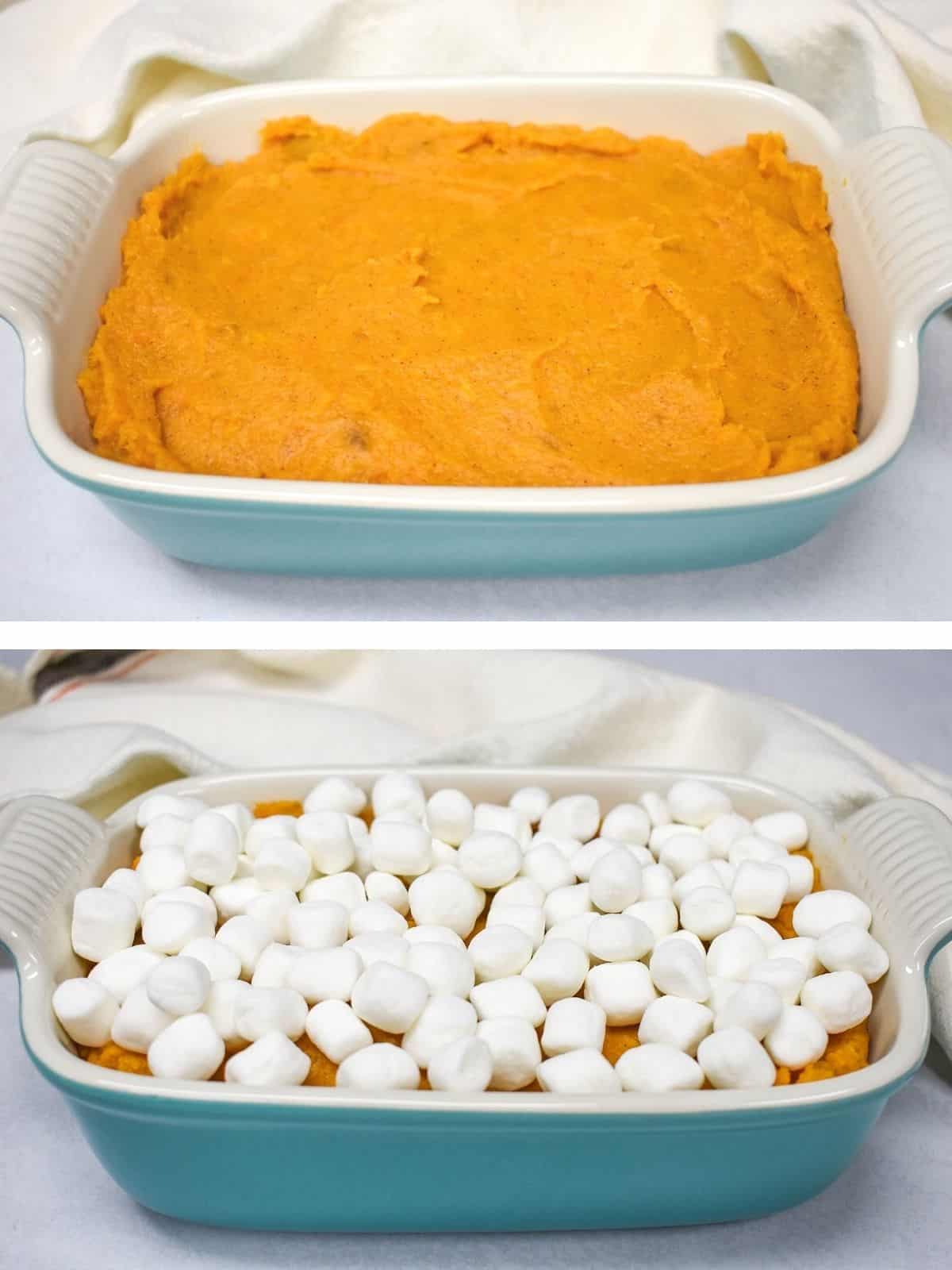 Two images of the mashed sweet potato in a casserole dish and the second image has the marshmallows on top.