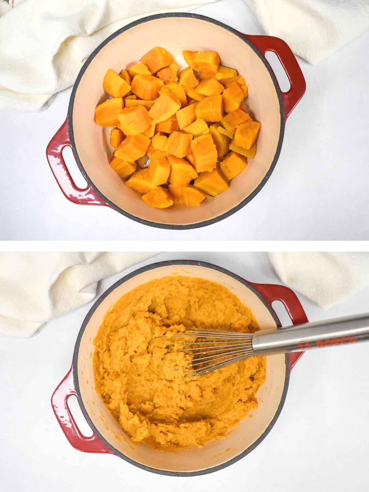 Two images showing the cooked sweet potatoes in a pot and after they are mashed with a whisk.