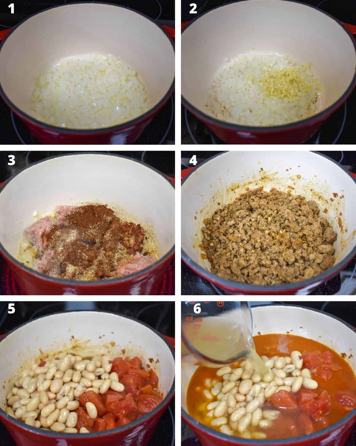 A collage of six images showing the steps to making the turkey chili.