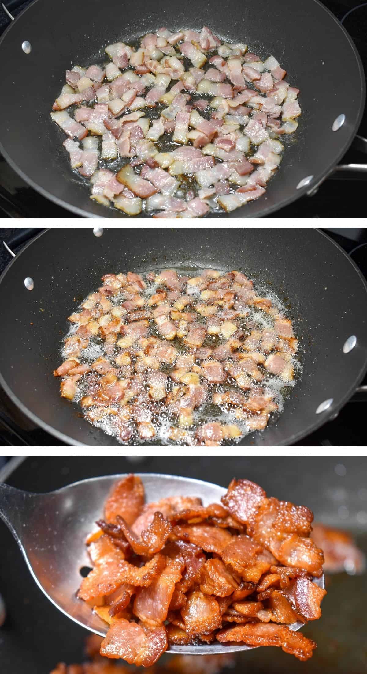 A collage of three images showing bacon pieces cooking in a large, black skillet.