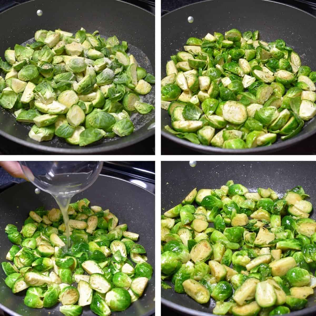 A collage of four images showing how to cook the Brussels sprouts in a large, black skillet.