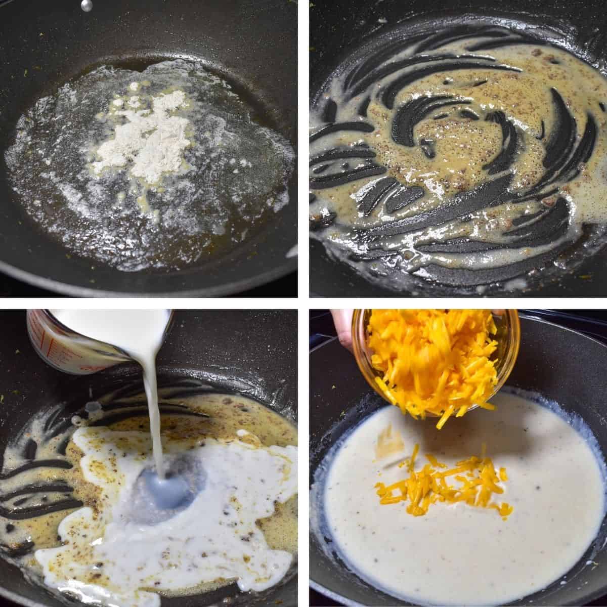 A collage of four images showing the steps of making the cheese sauce.