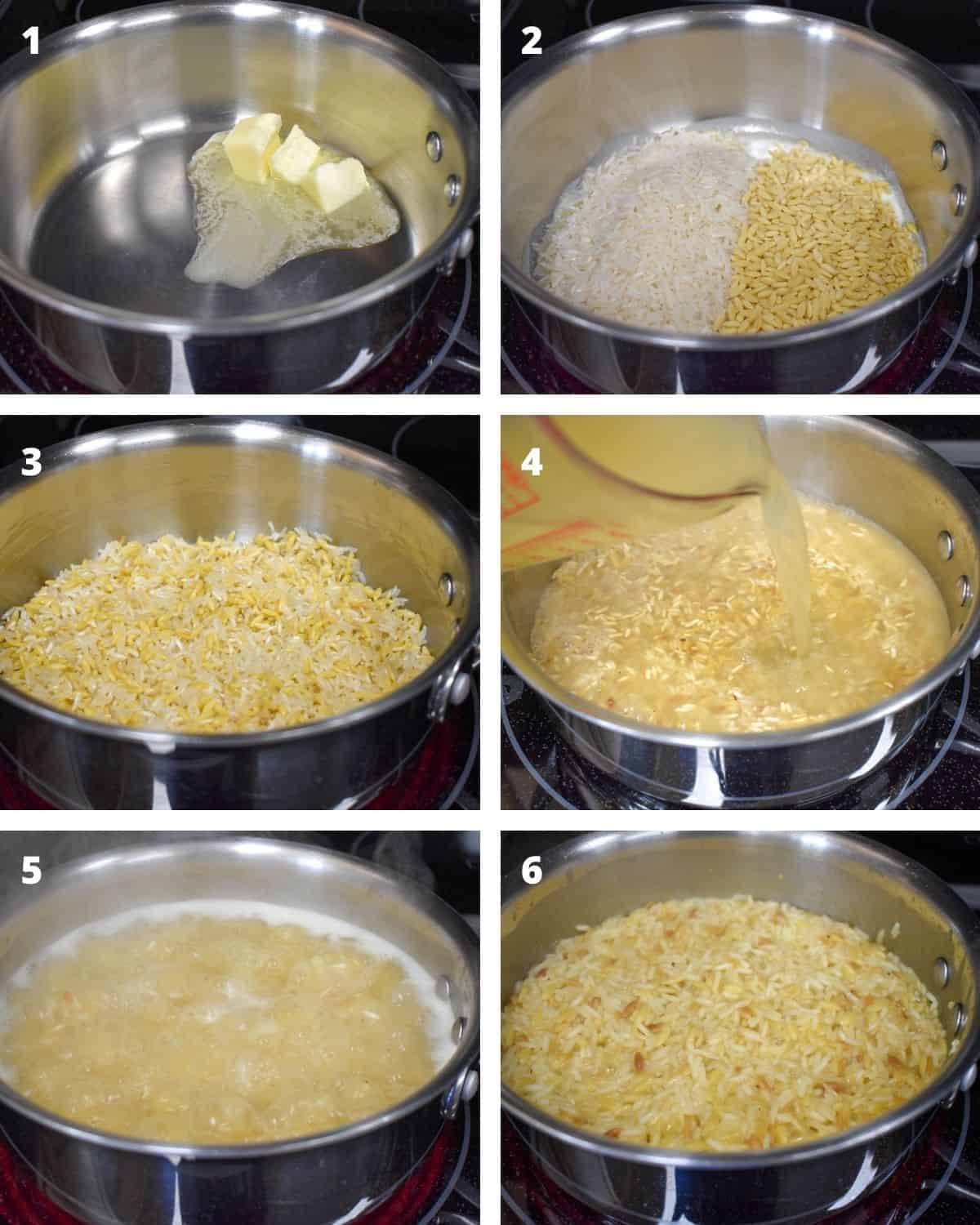 Six images of showing the steps of making the rice.
