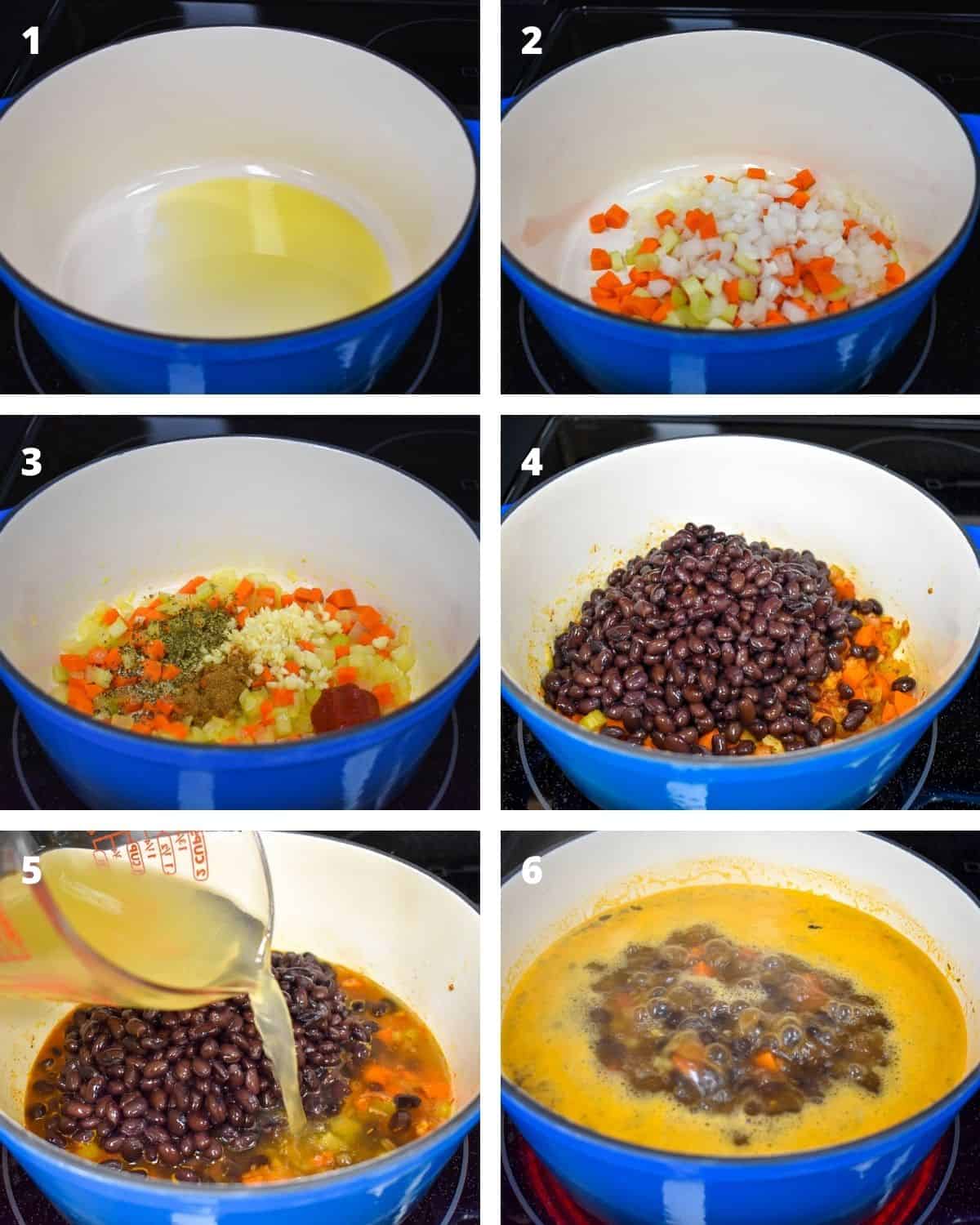 Six images showing the steps to making the soup in a blue pot with a white inside.