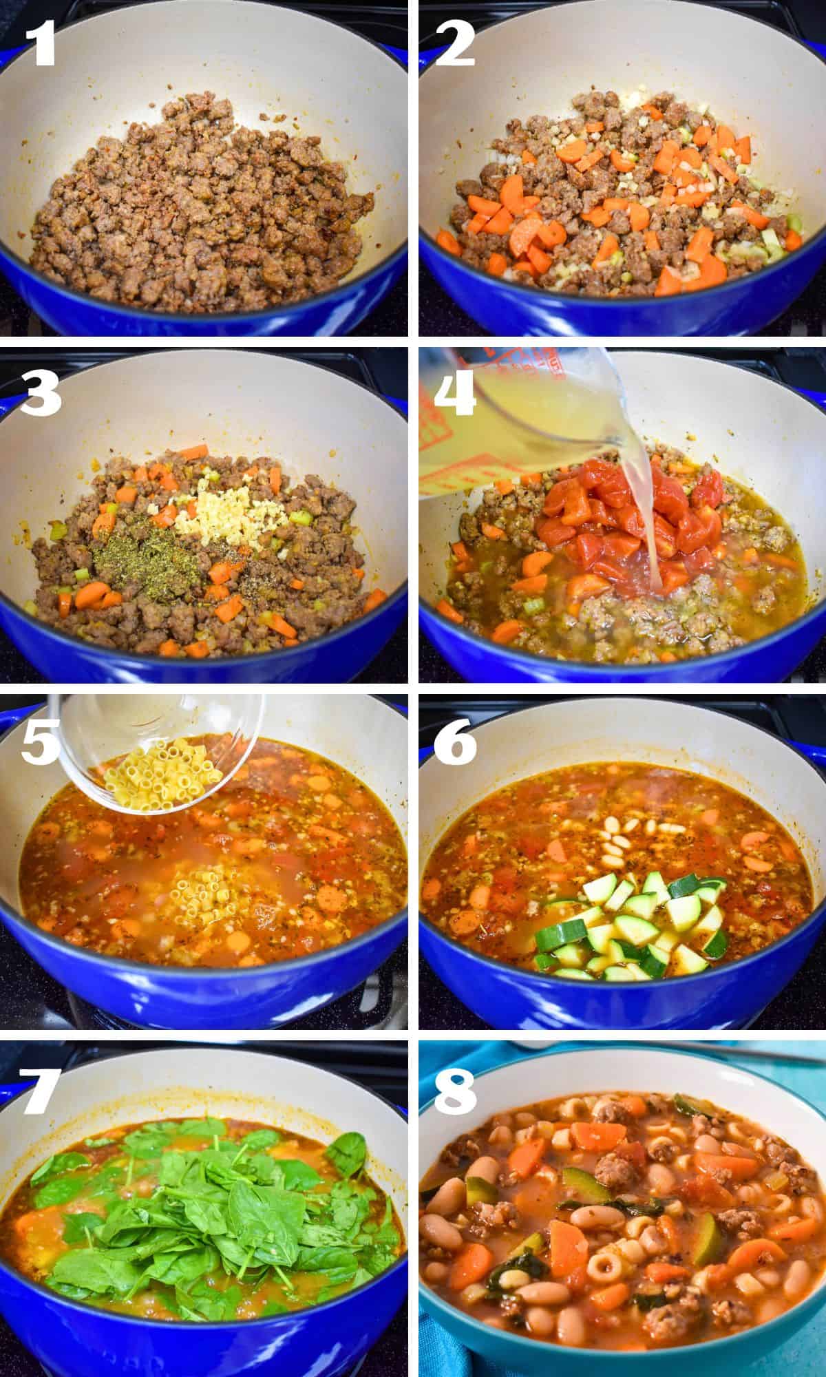 A collage of eight pictures showing the steps of making the sausage minestrone soup.