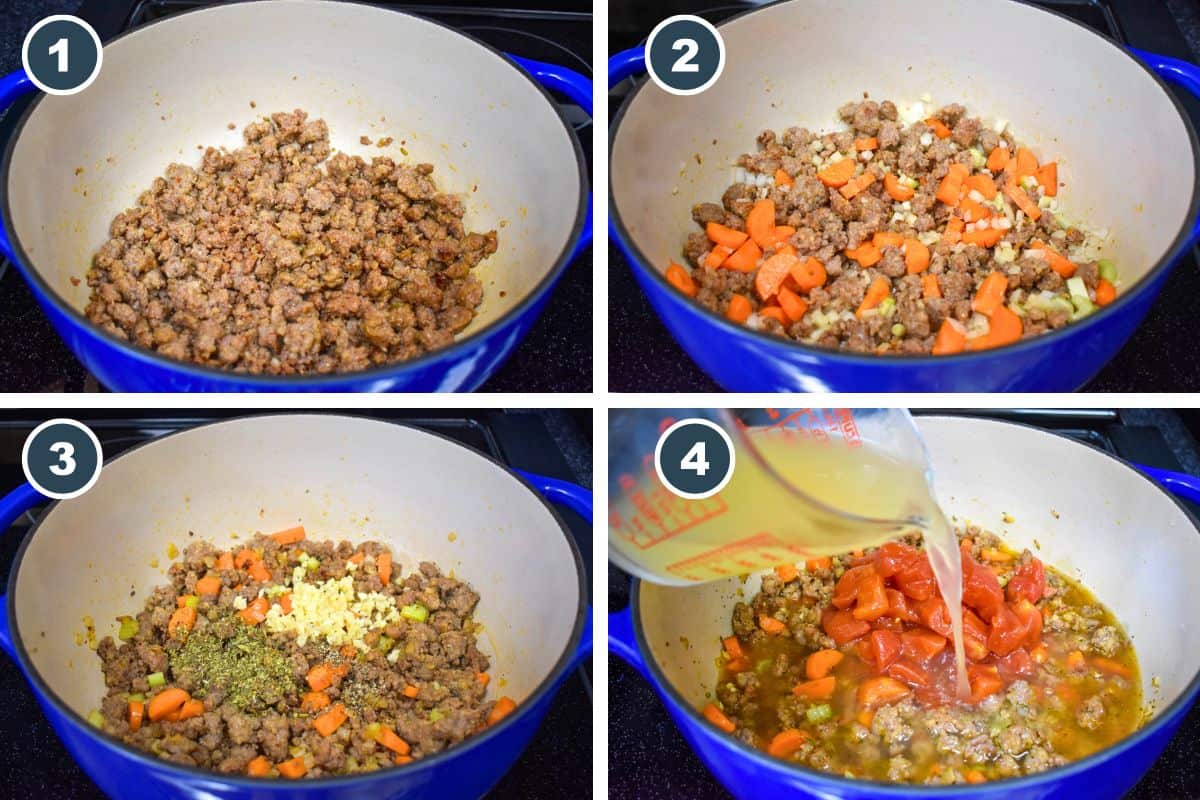 Steps 1-4 of Sausage Minestrone Soup: browning Italian sausage, sautéing vegetables, adding garlic and seasoning, then stirring in broth and diced tomatoes.