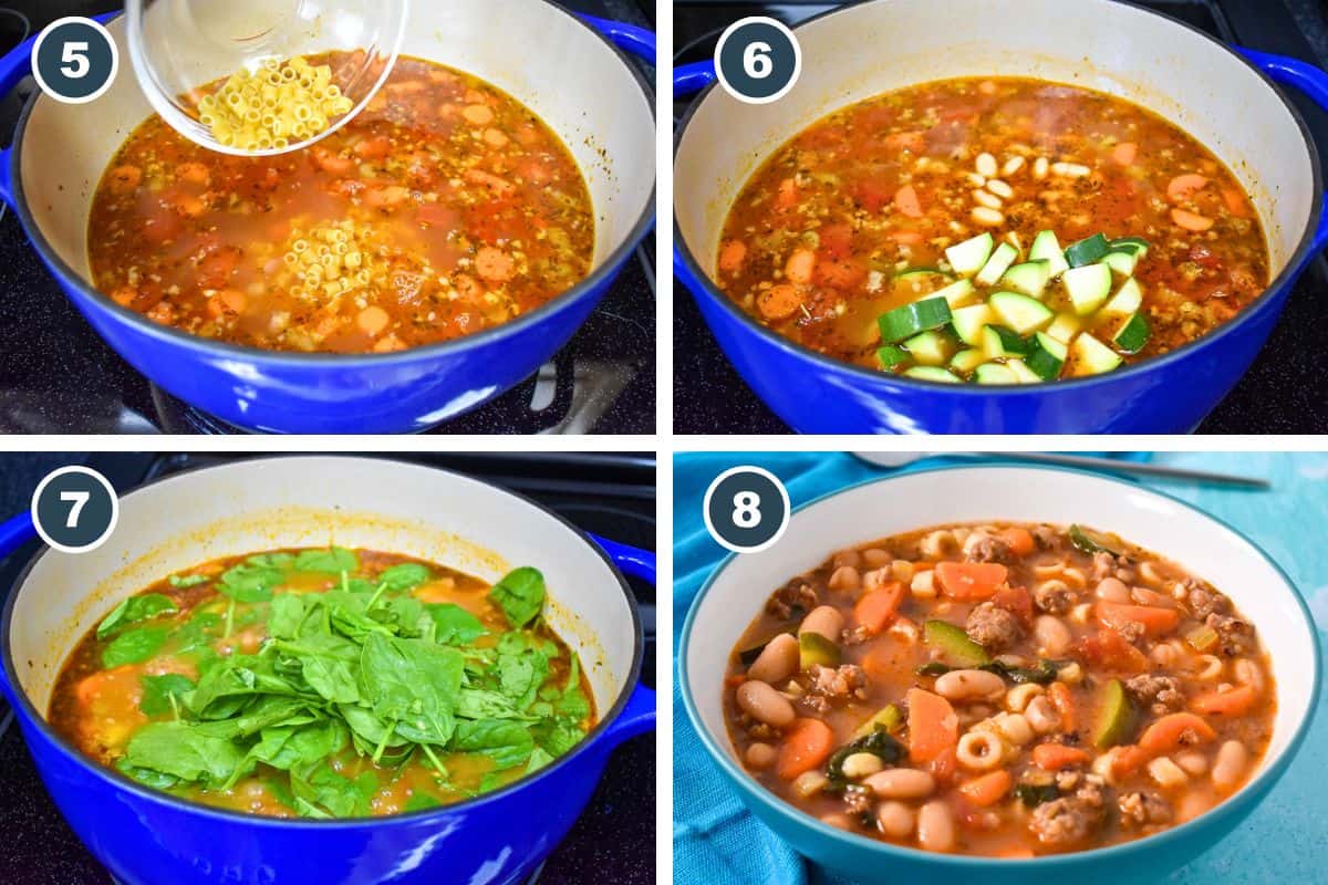 Steps 5-8 of Sausage Minestrone Soup: adding pasta, beans and zucchini, wilting spinach, and the finished soup in a bowl.