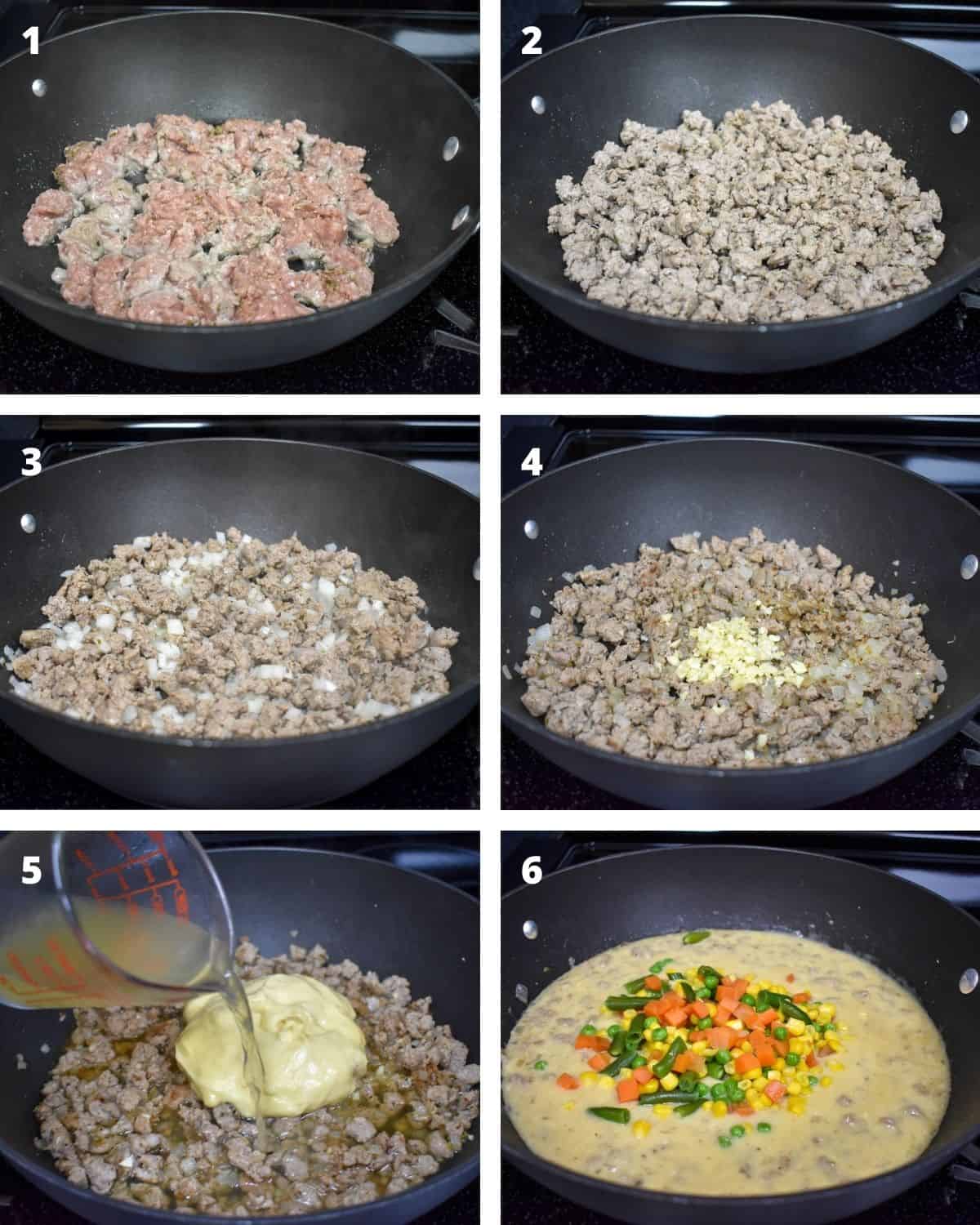 A collage of six images showing the steps of making the ground turkey filling for the casserole.