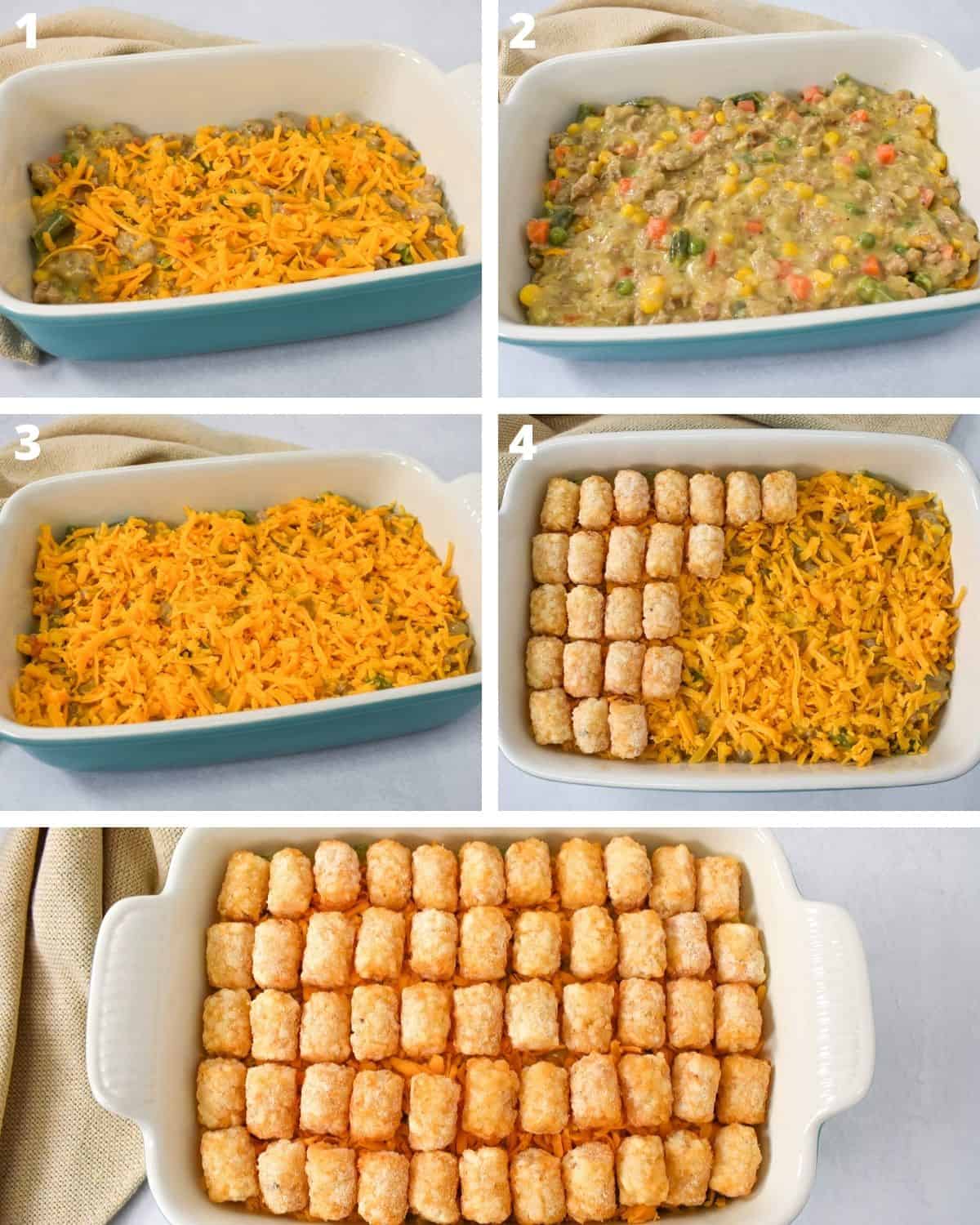 A collage of five images showing the steps to building the casserole. With the last image on the bottom being the completed dish ready for baking.