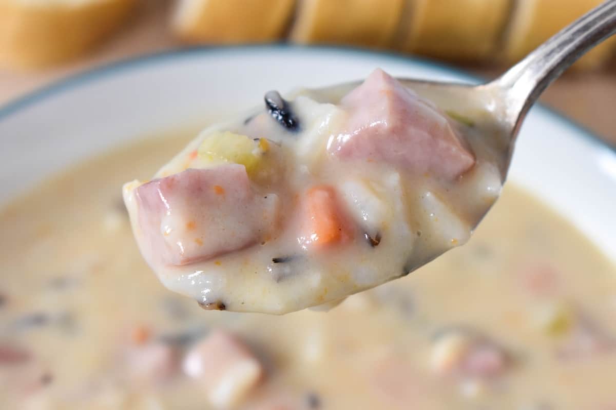 A close of image of a spoonful of the soup held up over the bowl with a peek of the sliced bread in the background.