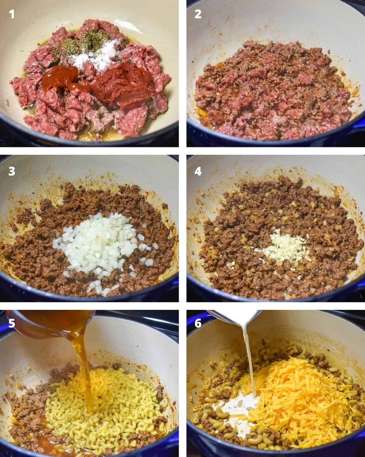 A collage of six images showing the steps of making the the cheeseburger macaroni.