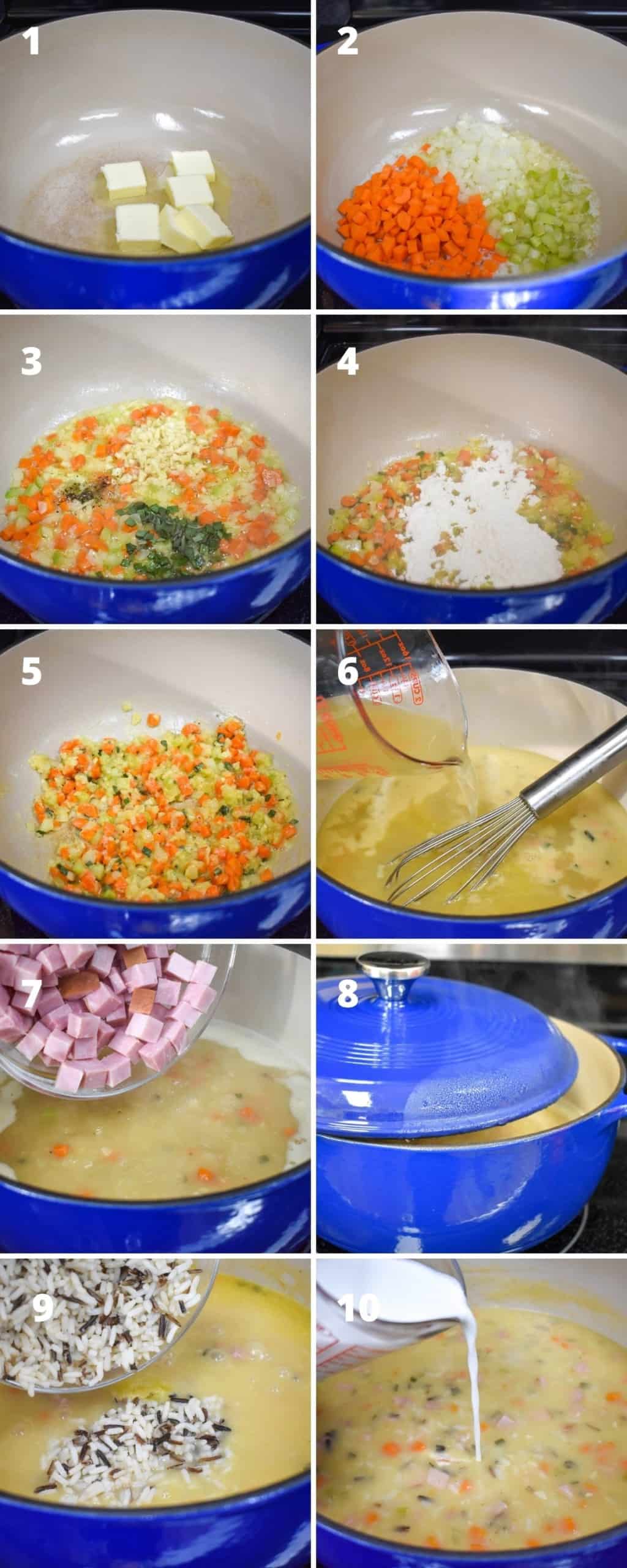 A collage of ten images showing the steps to making the creamy ham and wild rice soup in a large, blue pot with an off-white interior.