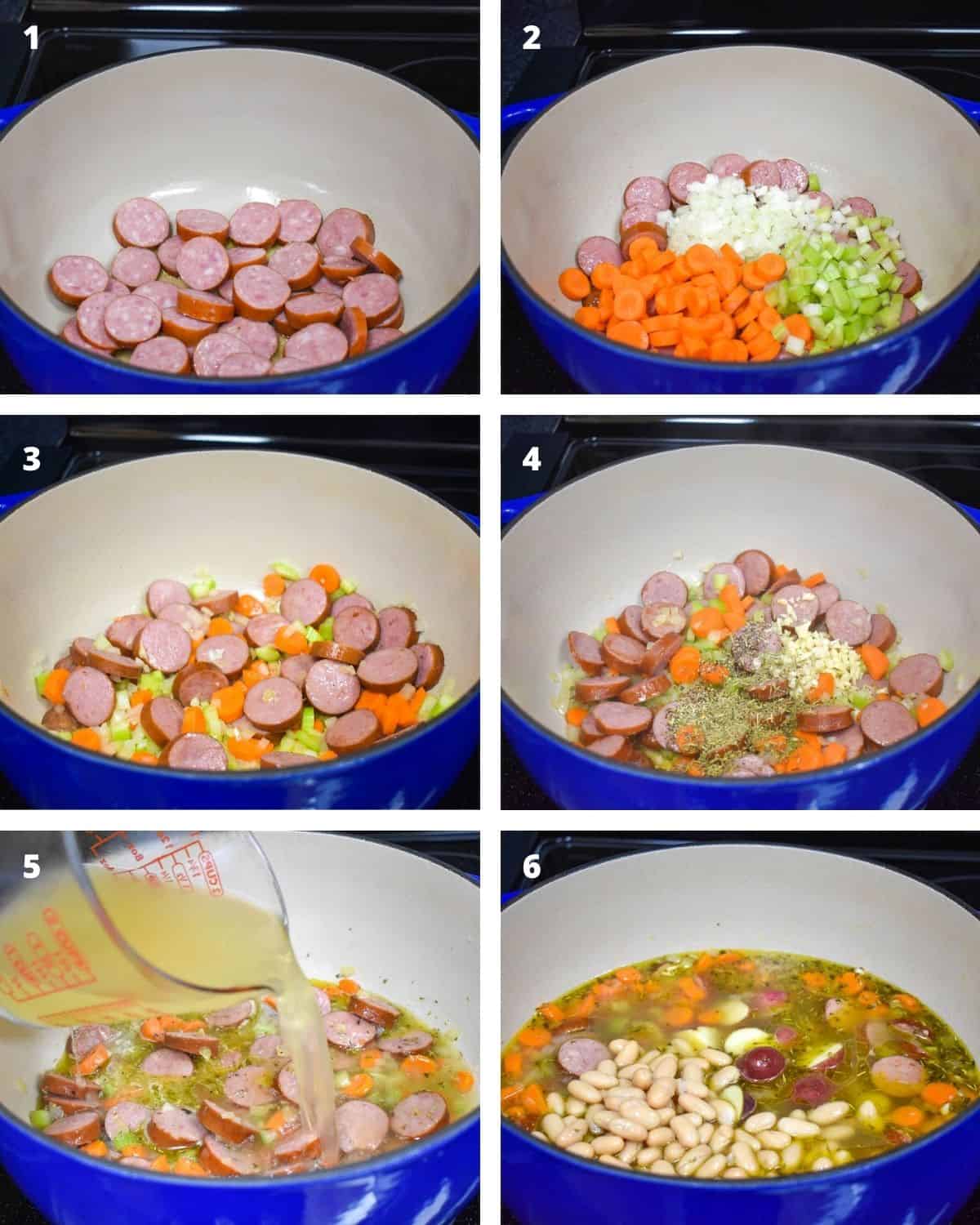Six images showing the steps of making the soup in a large, blue pot with an off-white inside.