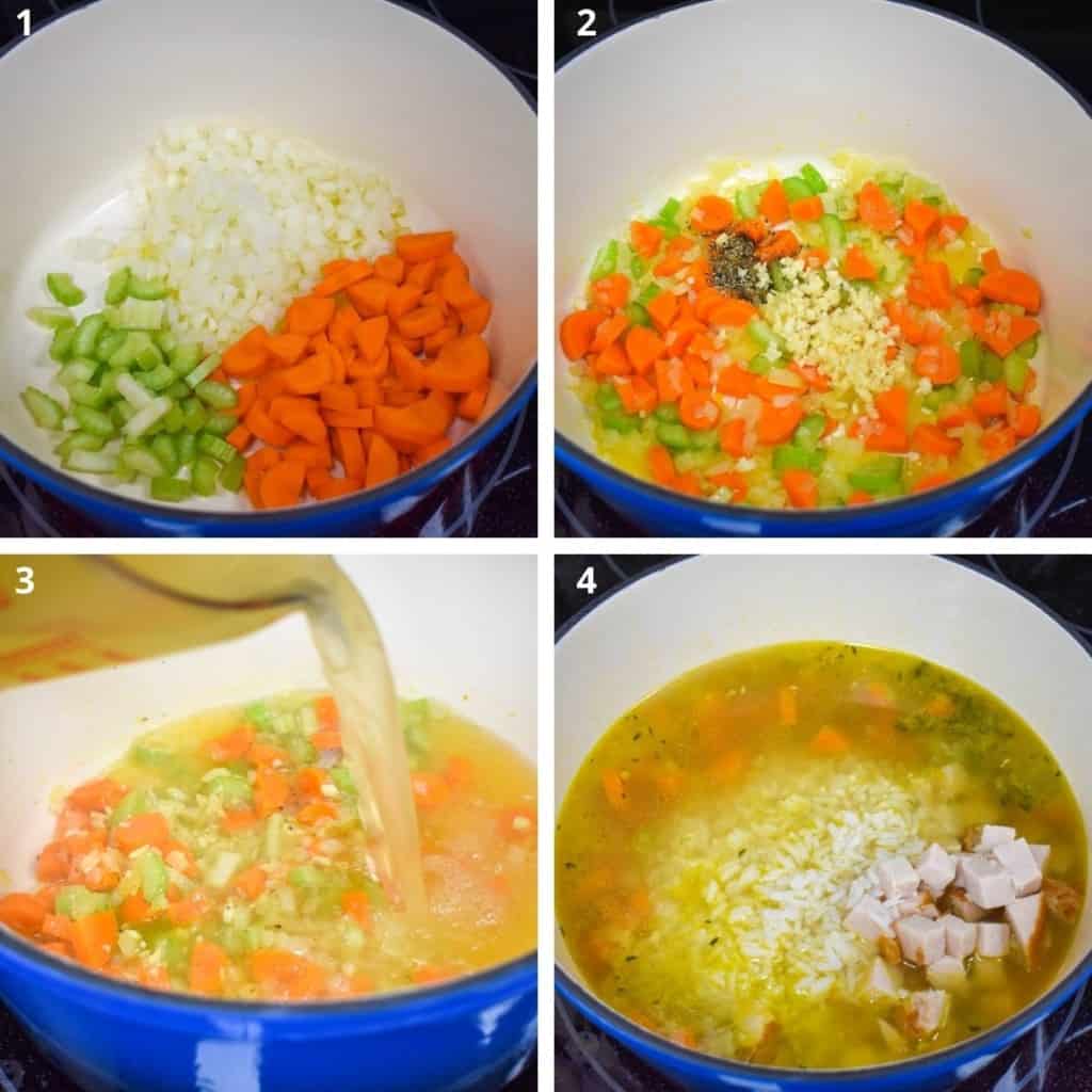 A collage of four images showing the steps to making the turkey rice soup in a blue pot with a white interior.