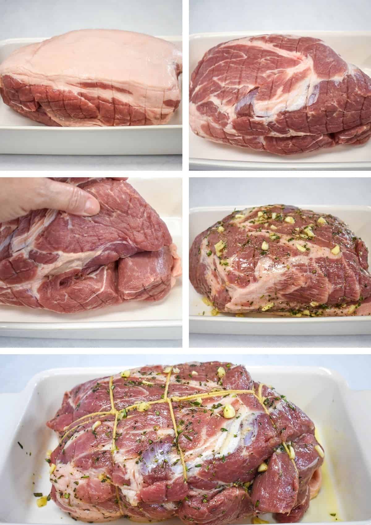 A collage of five images showing the pork fat side up, fat side down, the slit, and the final two pictures show the pork with the garlic herb marinade and the final one it is tied with twine.