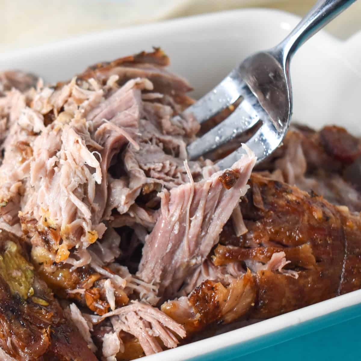 A close up image of the slow roasted pork shoulder in a white baking dish with a portion being held up by a large serving fork.