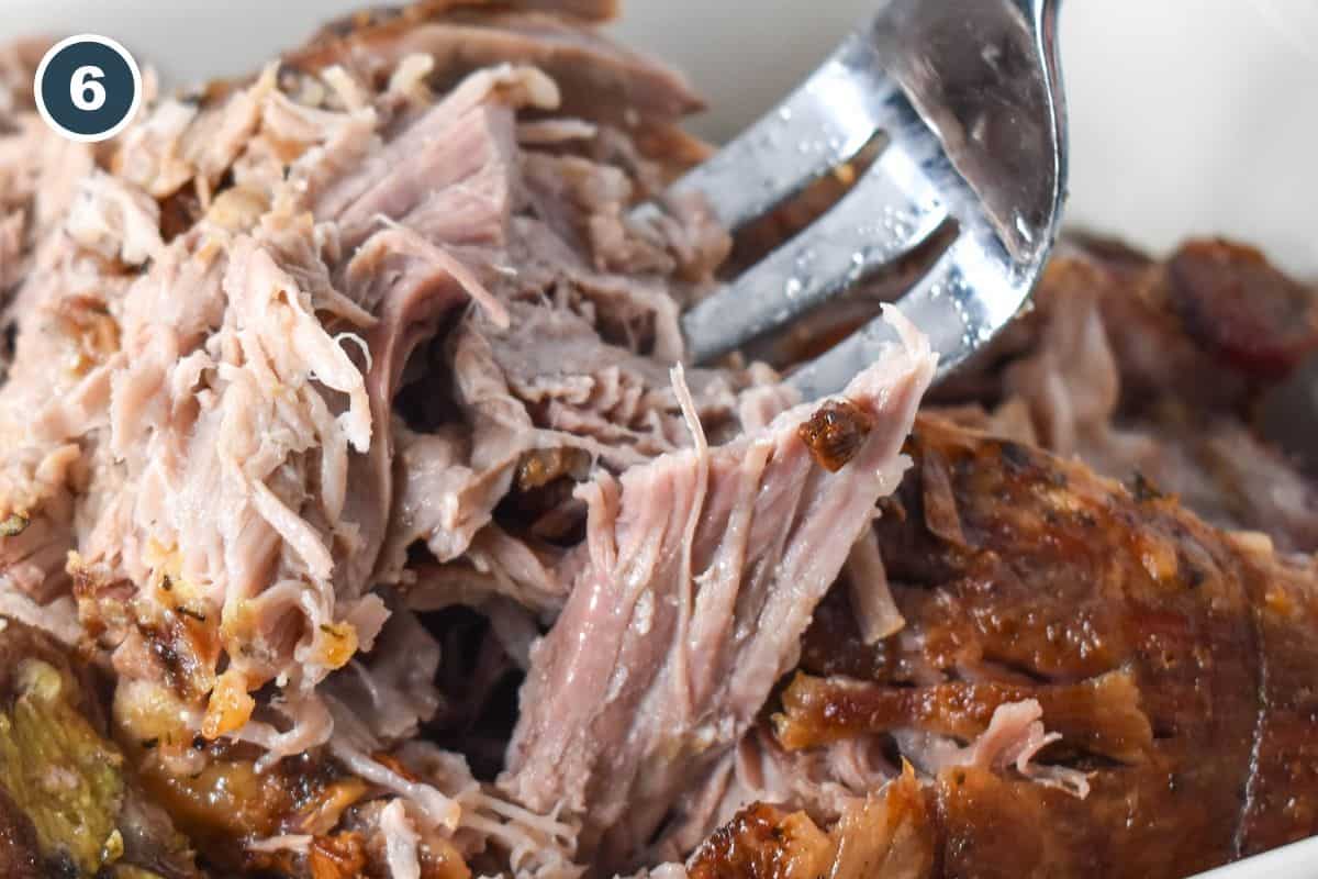 Cooked pork shoulder being shredded with a fork.