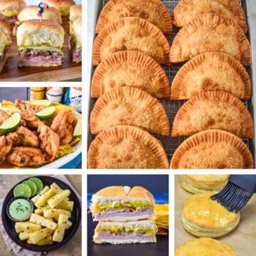 Collage of Cuban appetizers and snacks including empanadas, Cuban sliders, chicharrones de pollo, yuca frita, Cuban sandwiches, and pastelitos de carne.