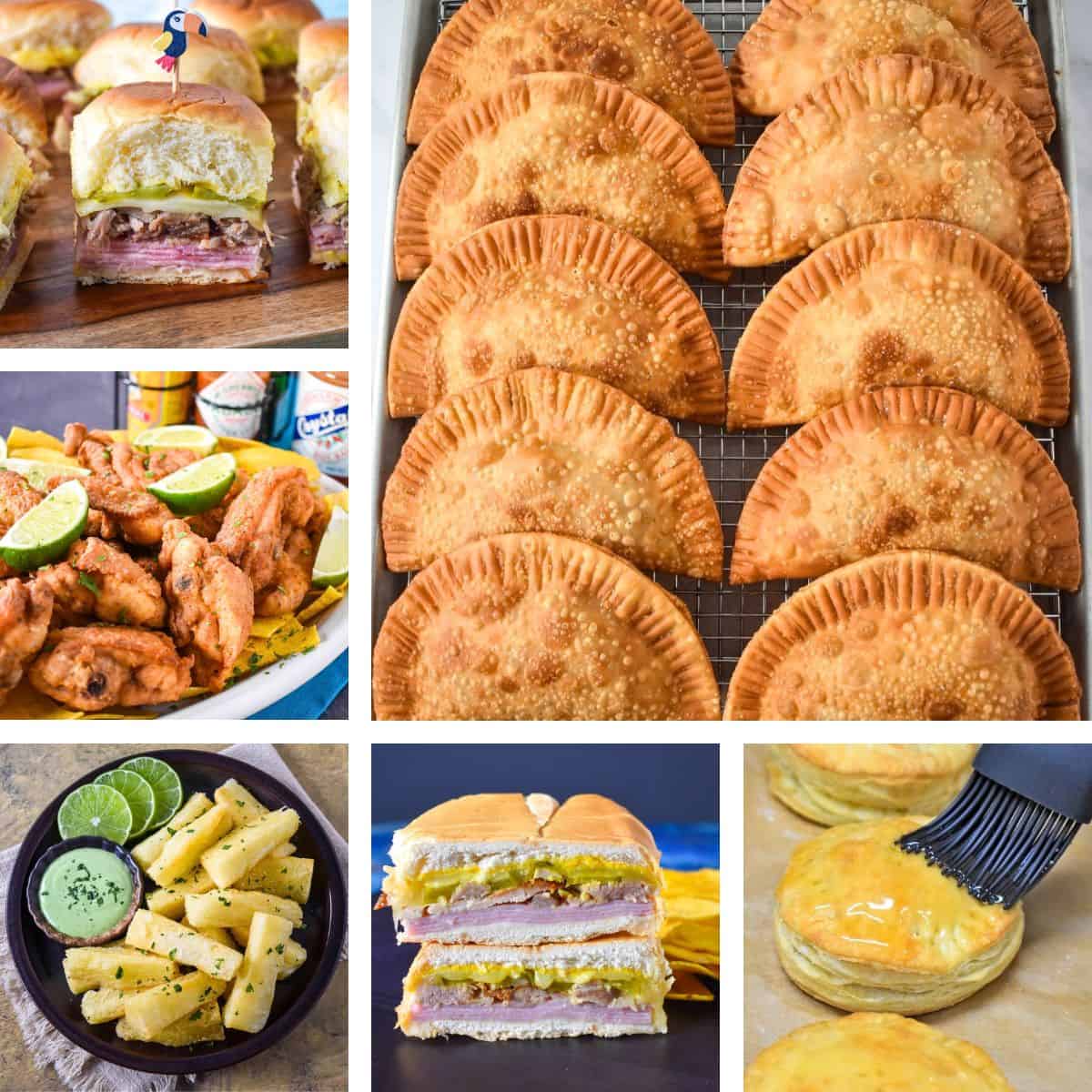 Collage of Cuban appetizers and snacks including empanadas, Cuban sliders, chicharrones de pollo, yuca frita, Cuban sandwiches, and pastelitos de carne.
