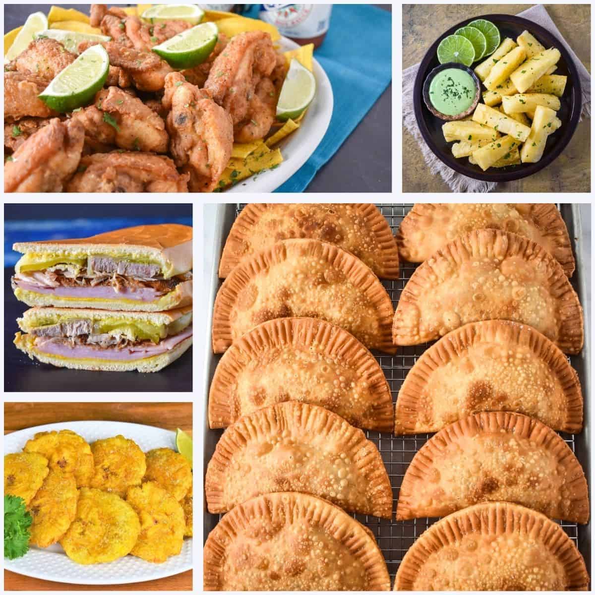 A collage of Cuban appetizers featuring fried empanadas, Cuban sandwiches, tostones, and yuca fries with dipping sauce.
