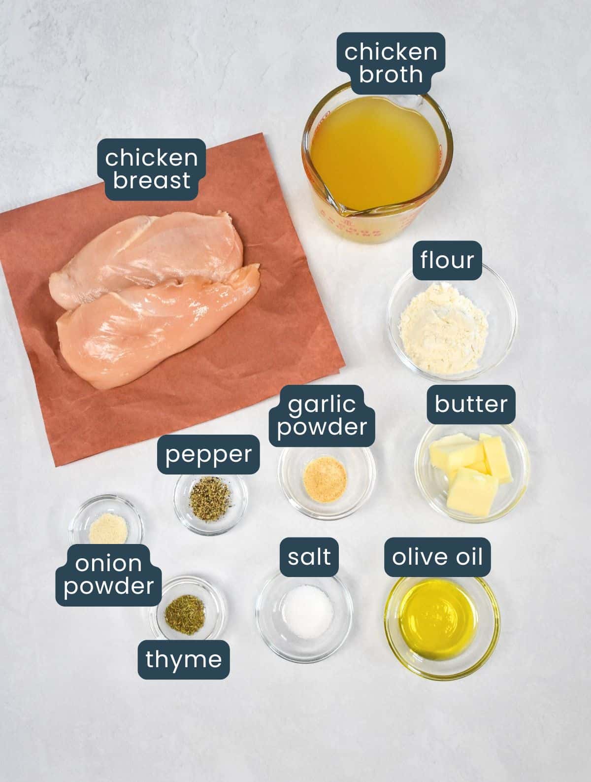 The ingredients for the dish prepped and arranged in glass bowls on a white table. The chicken is on butcher paper. Each ingredient is labeled.