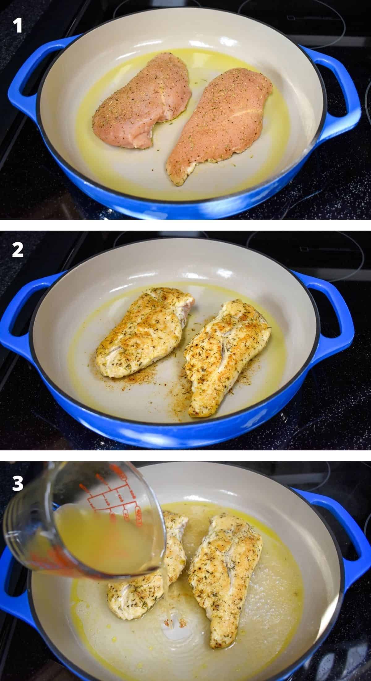 A collage of three pictures showing the steps of browning the chicken and adding the chicken broth. It is being cooked in a blue skillet with a off-white inside.