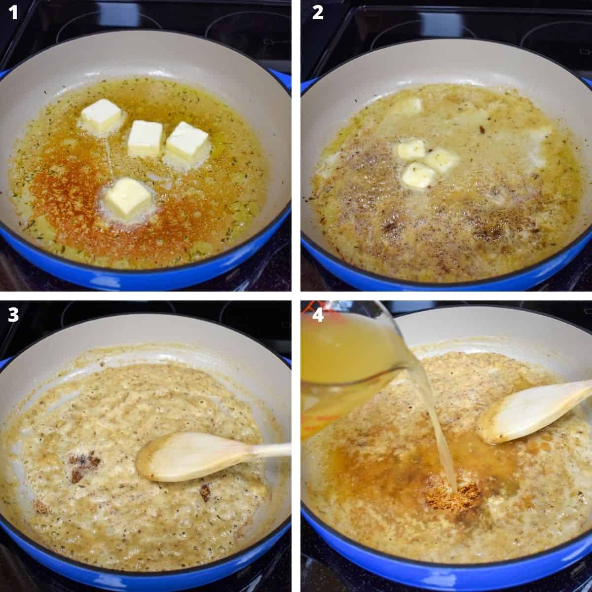 A collage of four images showing the steps for making the gravy.