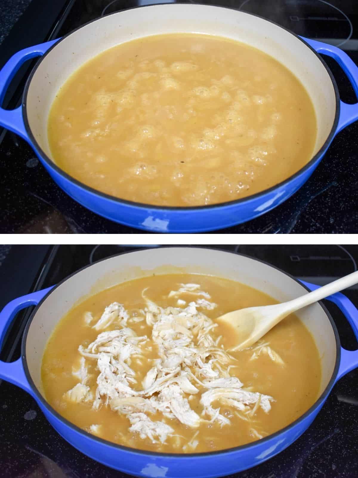 Two images one showing the simmering gravy and the second has the shredded chicken with a wooden spoon resting on the side.