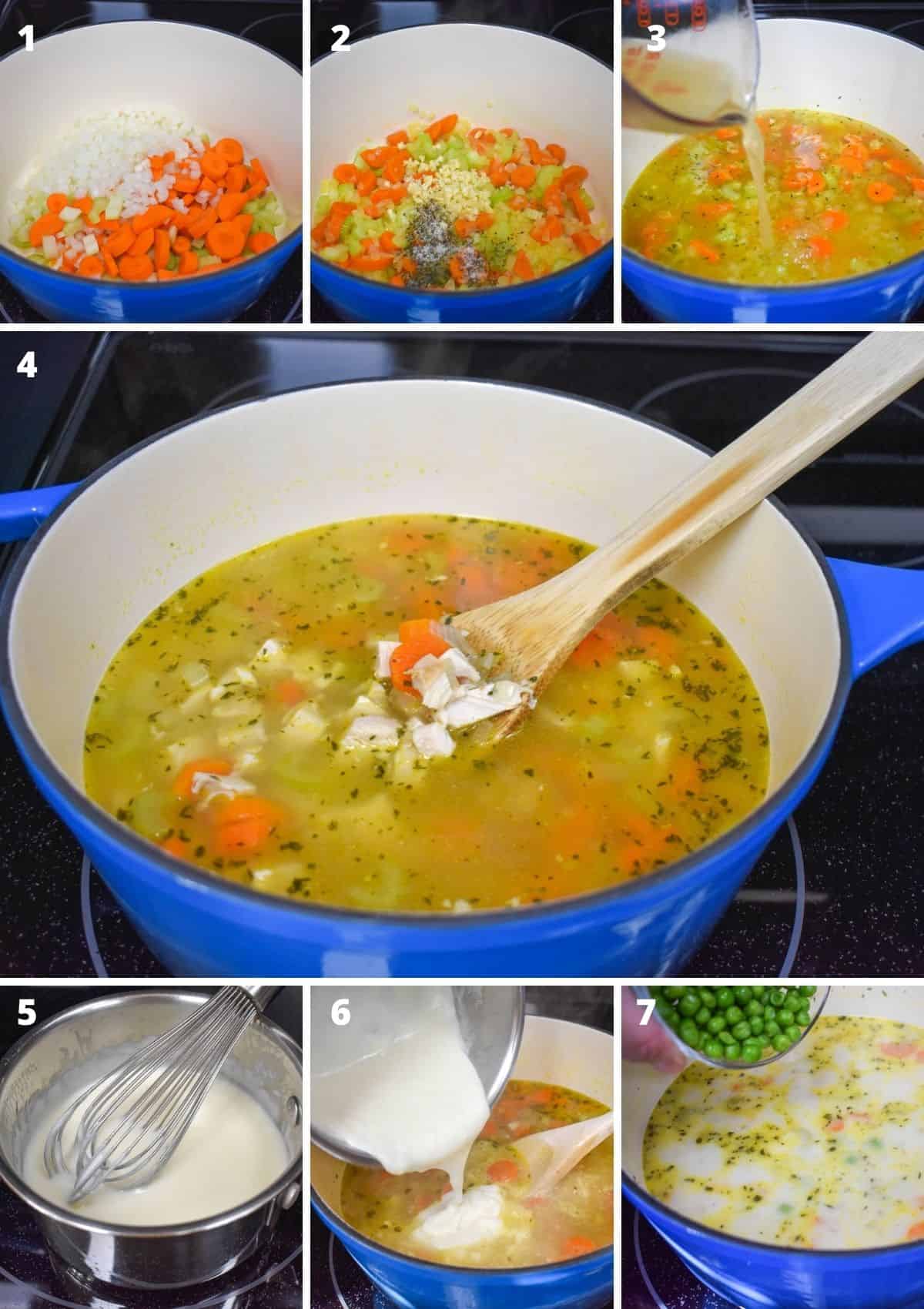 A collage of seven images showing the steps to making the soup. The soup is being made in a blue pot with a white inside.