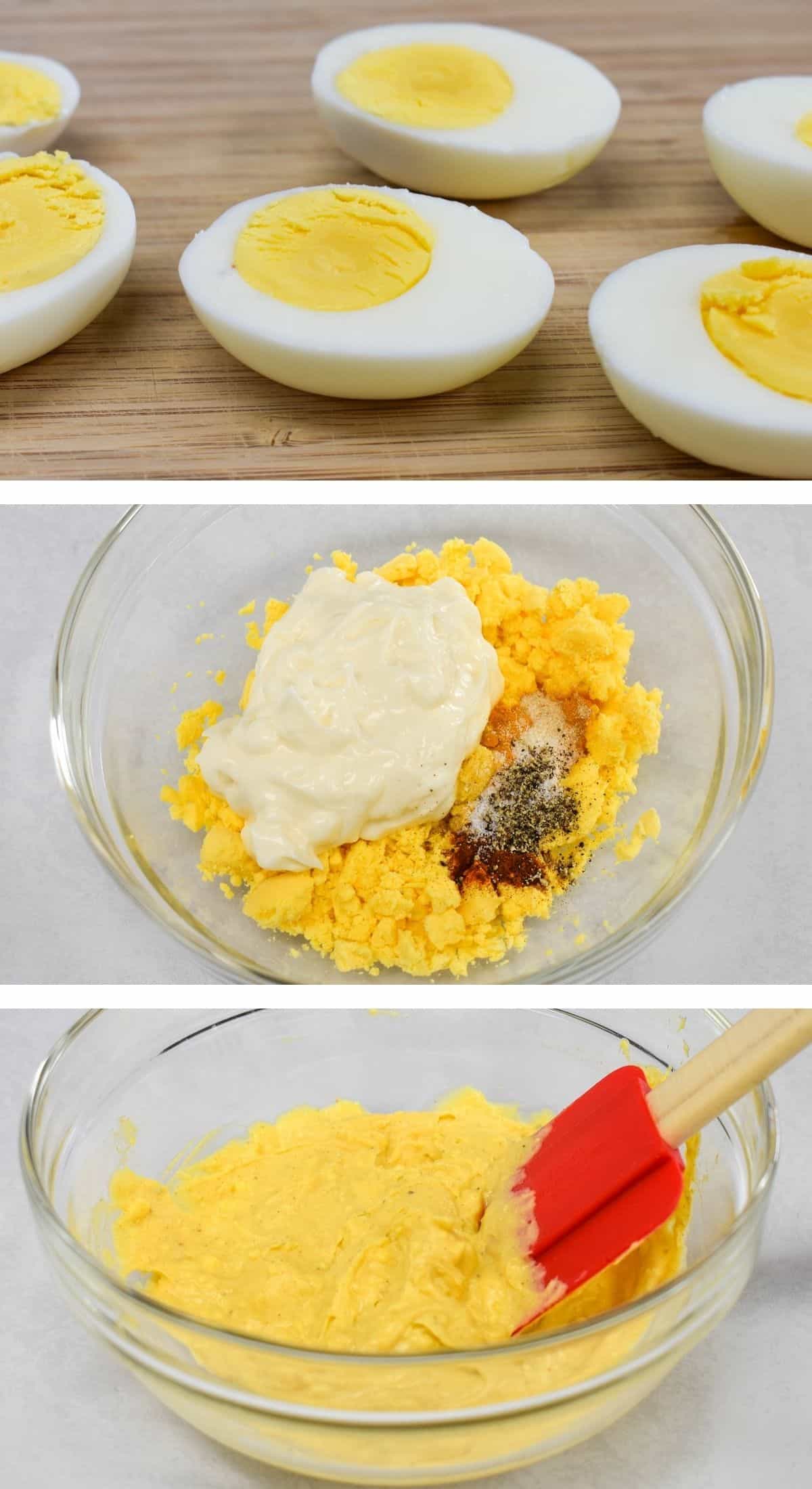A collage of three images showing boiled eggs cut in half and a bowl with the ingredients for the yolk filling before and after mixing. The bowl is set on a white table and the last image has a red rubber spatula in the bowl.