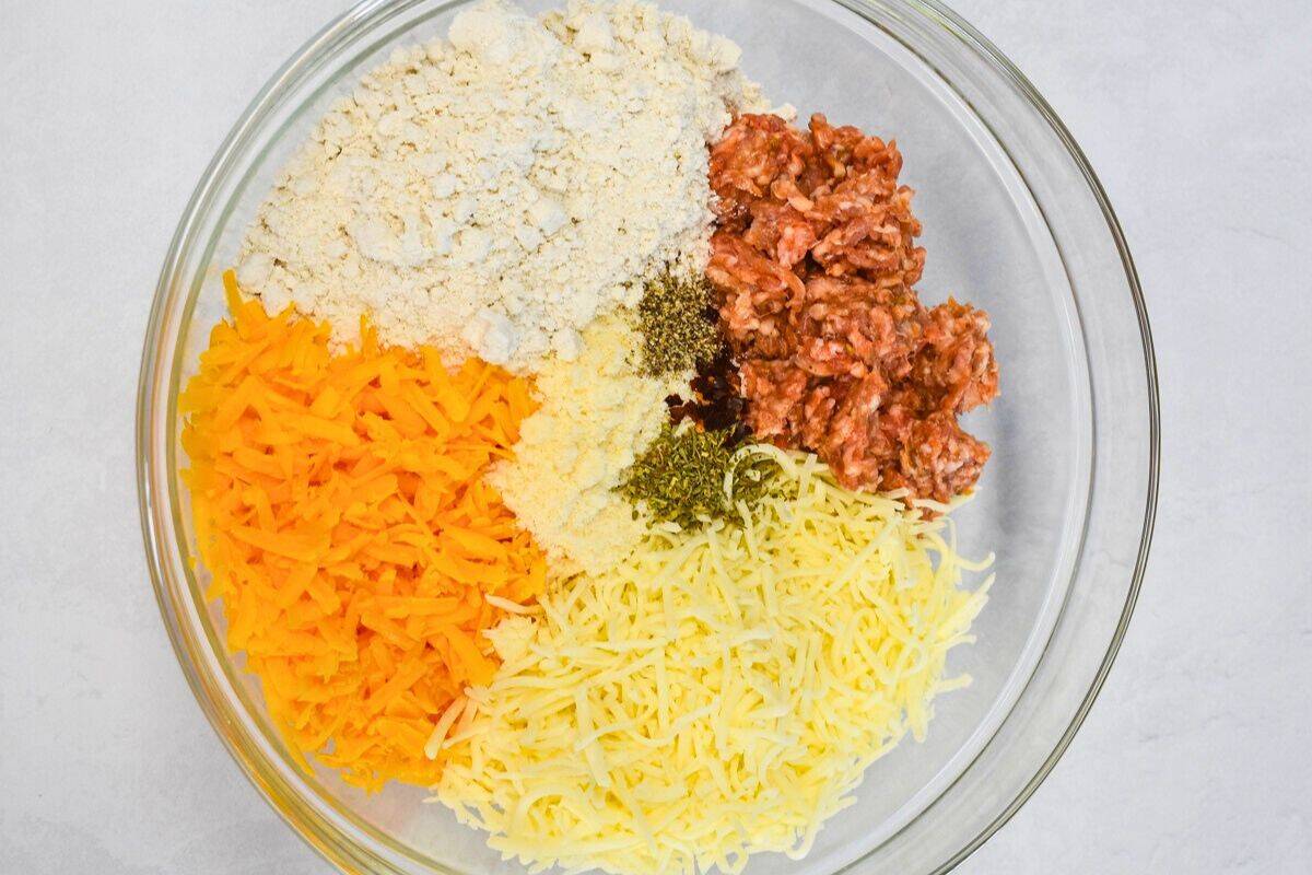 The ingredients in a large glass bowl before mixing.