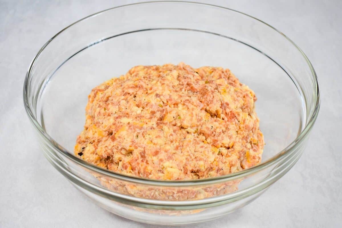 The sausage mixture after adding the milk where it has come together.