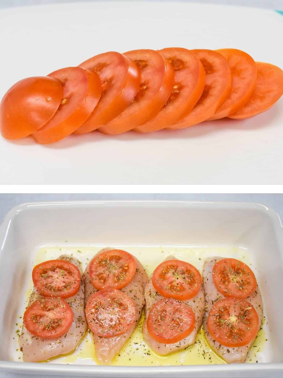 Two images, the top one is sliced tomatoes on a white cutting board. The bottom images is the tomatoes slices arranged on the seasoned chicken in the white baking dish.