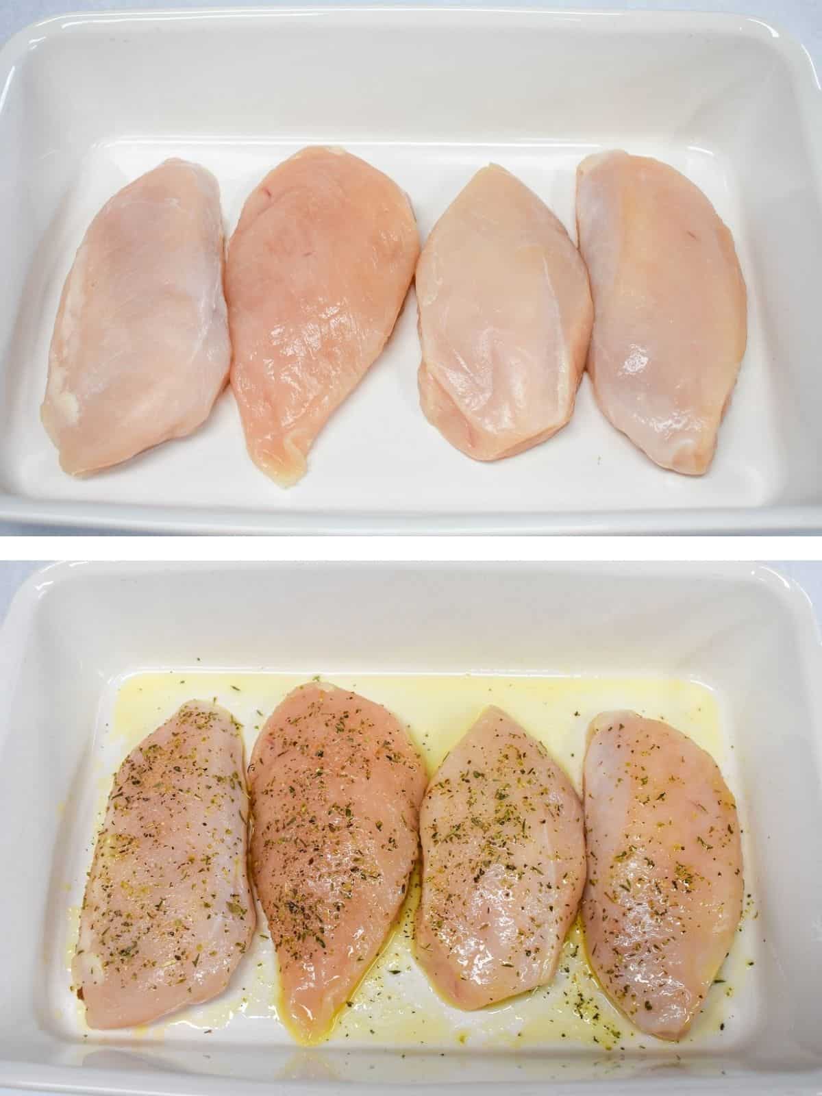 Two images of four chicken breasts arranged in a white baking dish. The top image is plain chicken, the bottom one it is seasoned.
