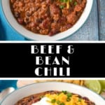 Two images of the finished chili served in a white bowl and garnished with sour cream, cheese, and green onions.