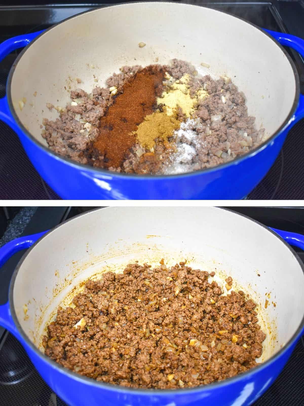 Two images showing the spices added to the browned ground beef, and combined in a large blue pot.