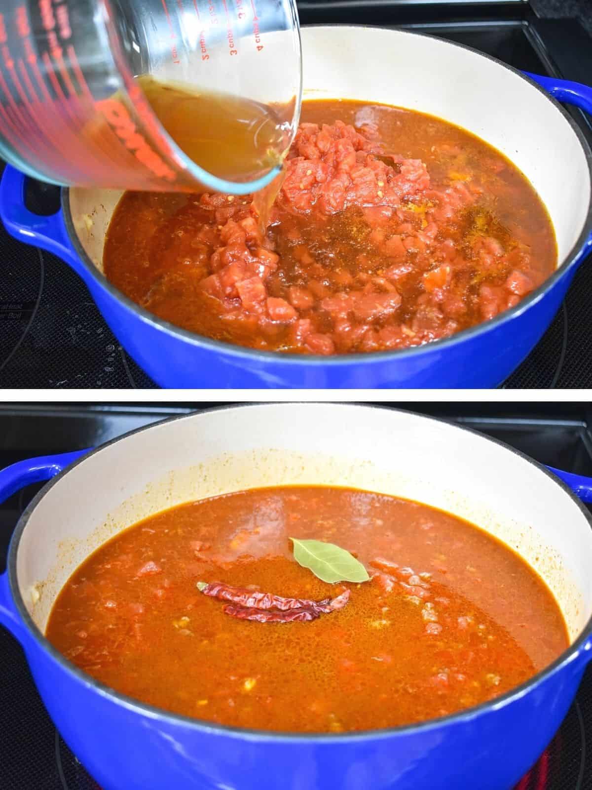 Two images showing the tomatoes and beef broth added to the pot and then the dried chiles and bay leaf.
