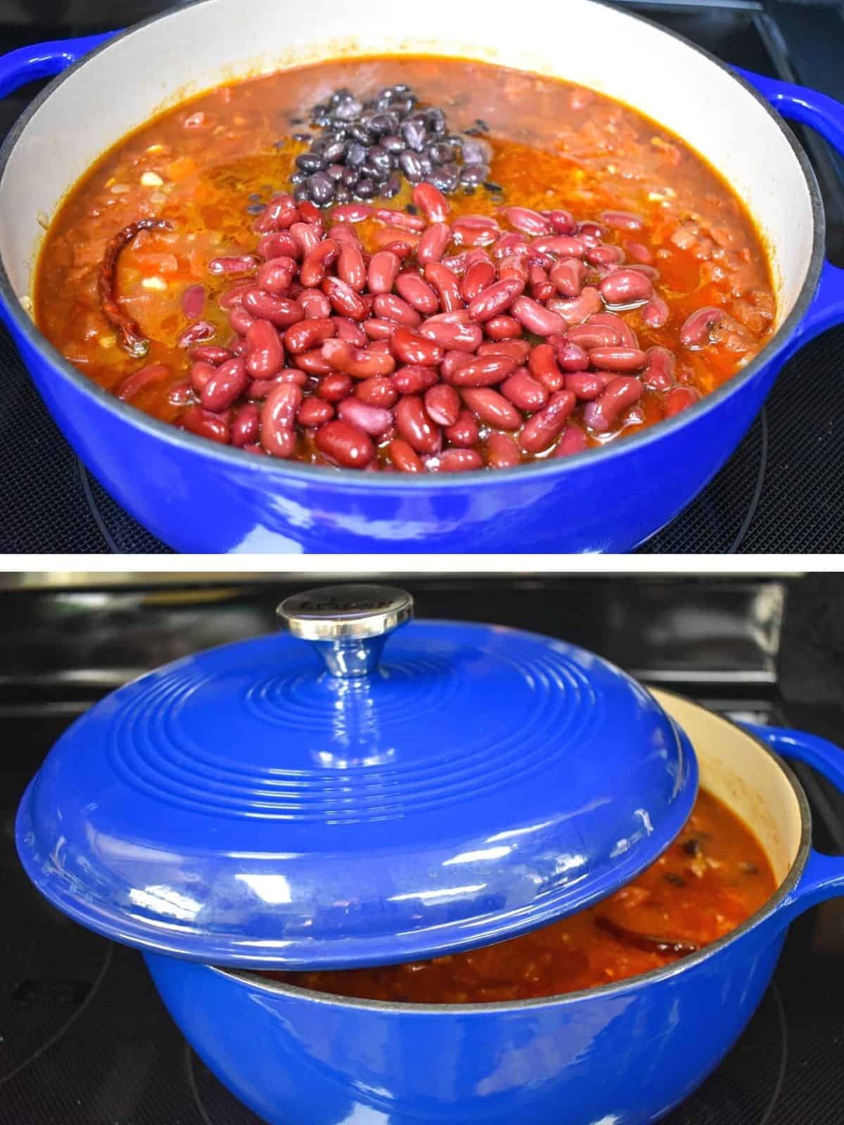 Two images showing the beans added to the pot and the blue pot half covered with its lid.