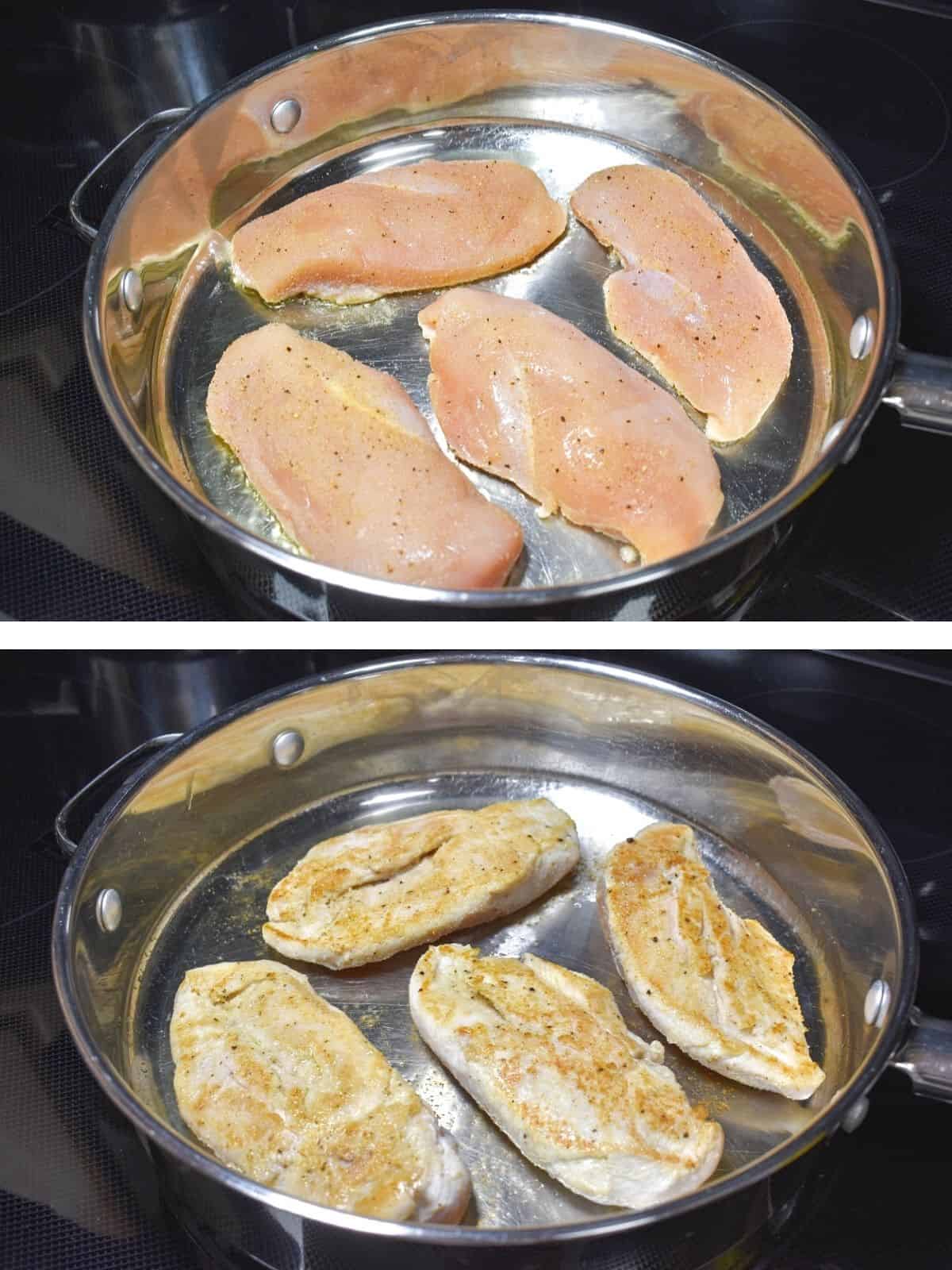 Two images of the chicken browning in a large skillet.